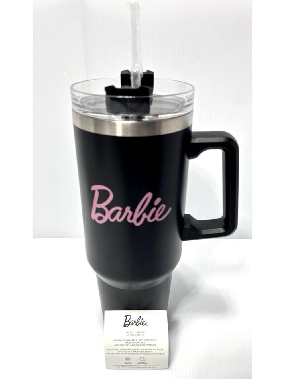 Barbie Mattel 40 oz Stainless Steel Tumbler Mug With Handle Straw Black Pink NWT